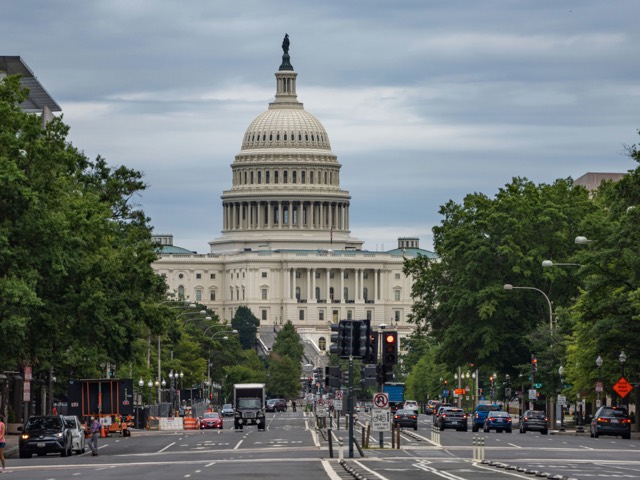 The United States Capitol framed by trees in Washington, D.C.